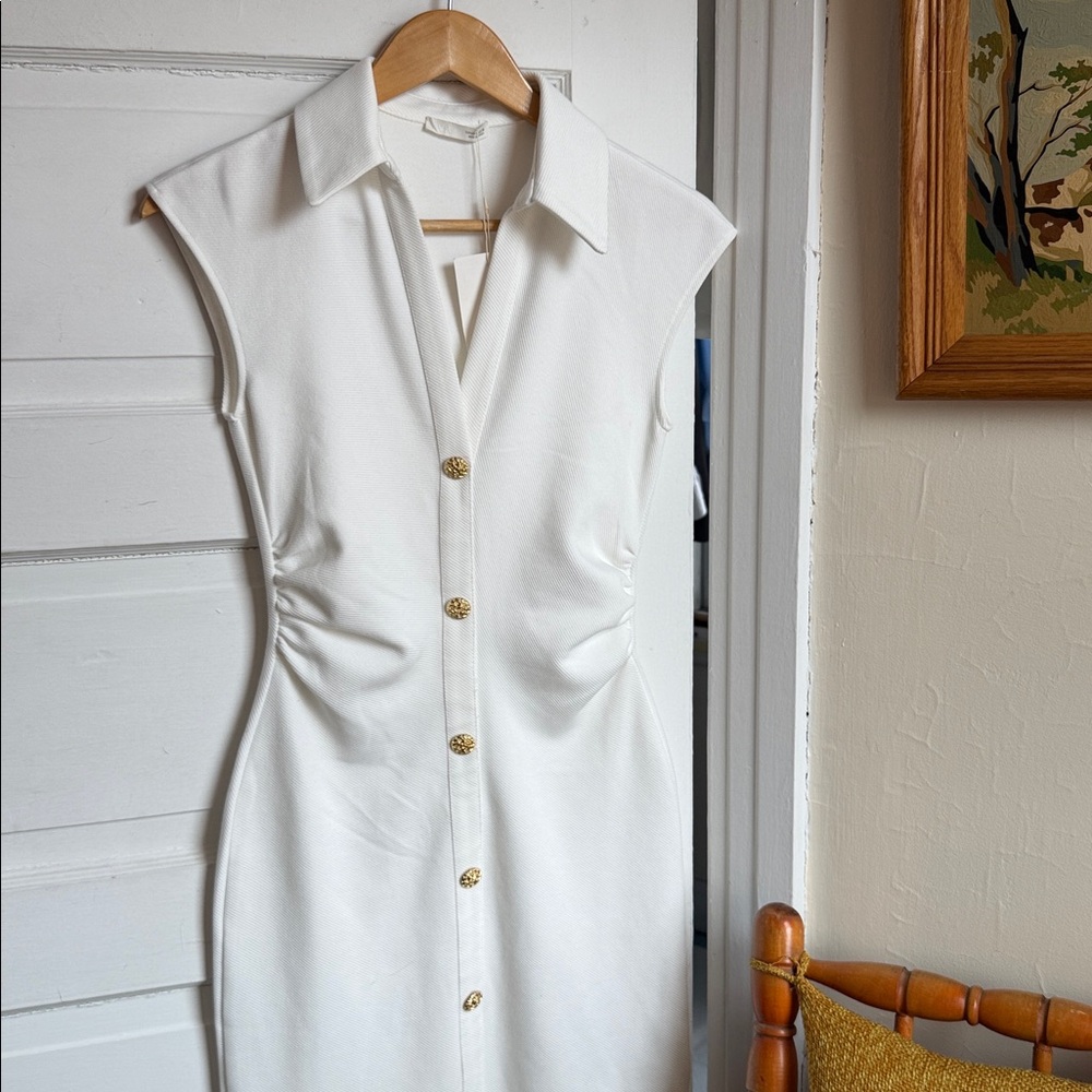 Zara Pique Midi Dress Oyster White Sleeveless & Gold Button Stretch V neck NWT S - Picture 14 of 14